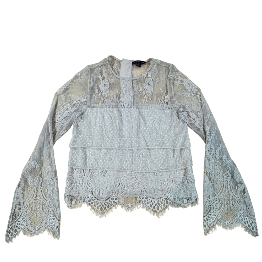 Y2K American Eagle Women's S Lace Bell Sleeve Top Tan Whimsical Festival‎ Fairy